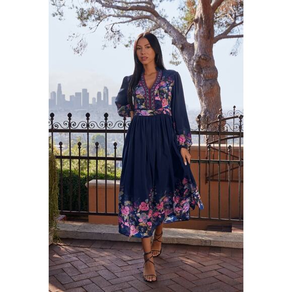 NWT Johnny Was Valeria Silk Midi Maxi Dress Navy Floral Multi V-Neck Size XS - Picture 1 of 9